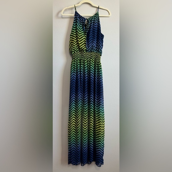 Sweet Storm Women’s Green Blue Chevron Spaghetti Strap Maxi Dress Size L - Picture 4 of 8